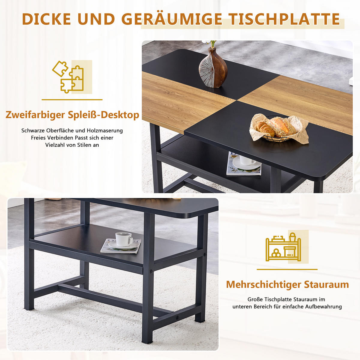 ESSTISCH 160/90/76 cm Braun Schwarz mit Ablage aus MDF und Metall - Schwarz, Holzwerkstoff (160/90/76cm) - OKWISH