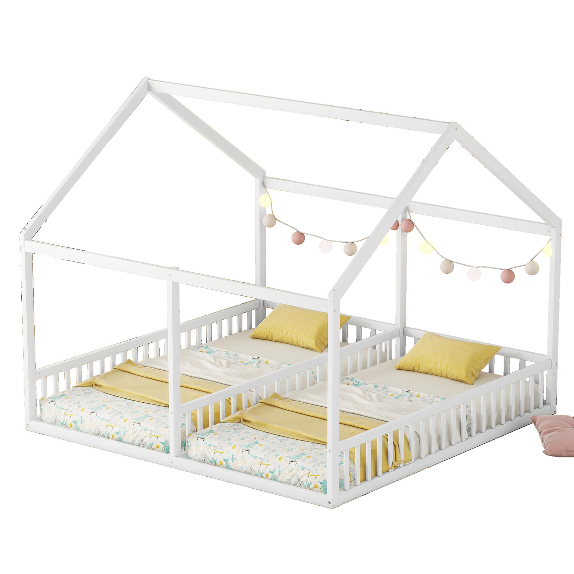 HAUSBETT aus Kiefer 90x200 cm Weiß als 2-in-1 Hausbett mit Mittelgeländer und Schutzleisten - Weiß, Holzwerkstoff (90/200cm) - Modfu