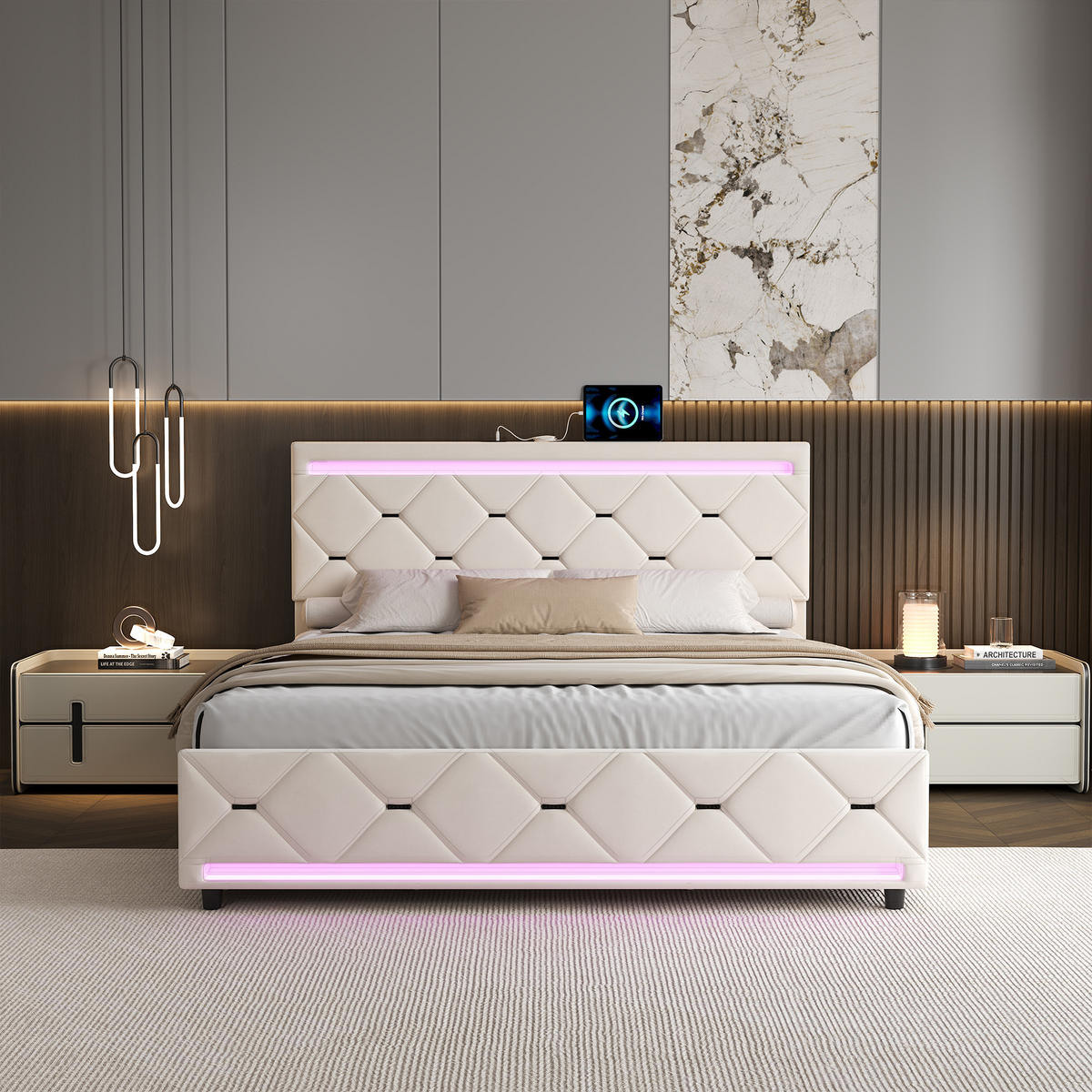 POLSTERBETT 140x200 cm, Doppelbett mit LED-Beleuchtung, Weiß Samt - Weiß, Metall (140/200cm)