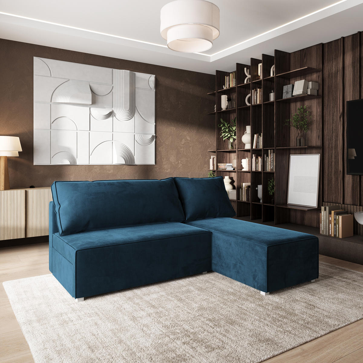 ROHOVÁ SEDAČKA BRISO modrá - šedá/modrá, dřevo/textil (200/140cm) - MASSENO