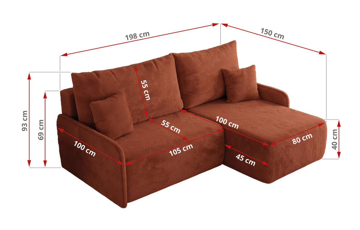 ECKSCHLAFSOFA ARPA L Orange Plüsch - rechts - Schwarz/Orange, Kunststoff/Textil (150/198cm) - MKS
