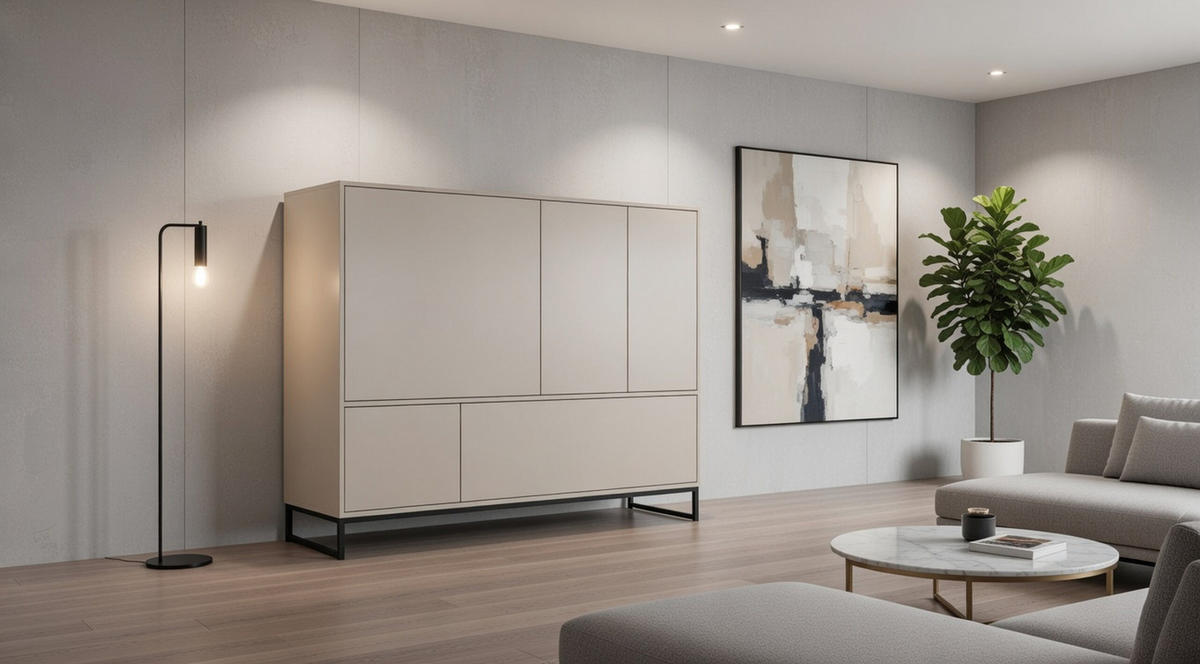 KOMMODE Genua mit 5 Türen, Sideboard in Farbe: Creme, Schrank in Größe: 160 x 120 x 45 cm - Beige, Holzwerkstoff (160/120/45cm) - Agmat-Furniture