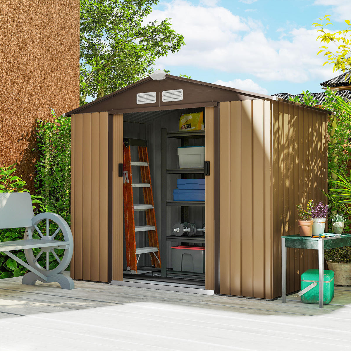 GERÄTEHAUS mit Bodenrahmen Gartenhaus Geräteschuppen Gartenschrank Stahl Gelb - Gelb, Metall (130/185/213cm) - Outsunny
