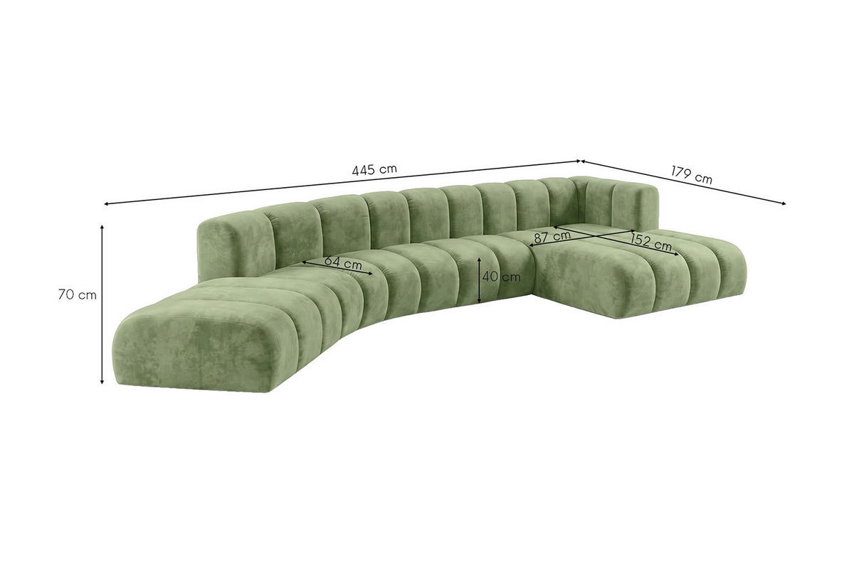 ECKSOFA Modulares In L-Form, Velvet-Stoff Riviera, Olive, Rechts, GRAND Round - Olivgrün, Holz (445/179cm) - Kaiser Möbel