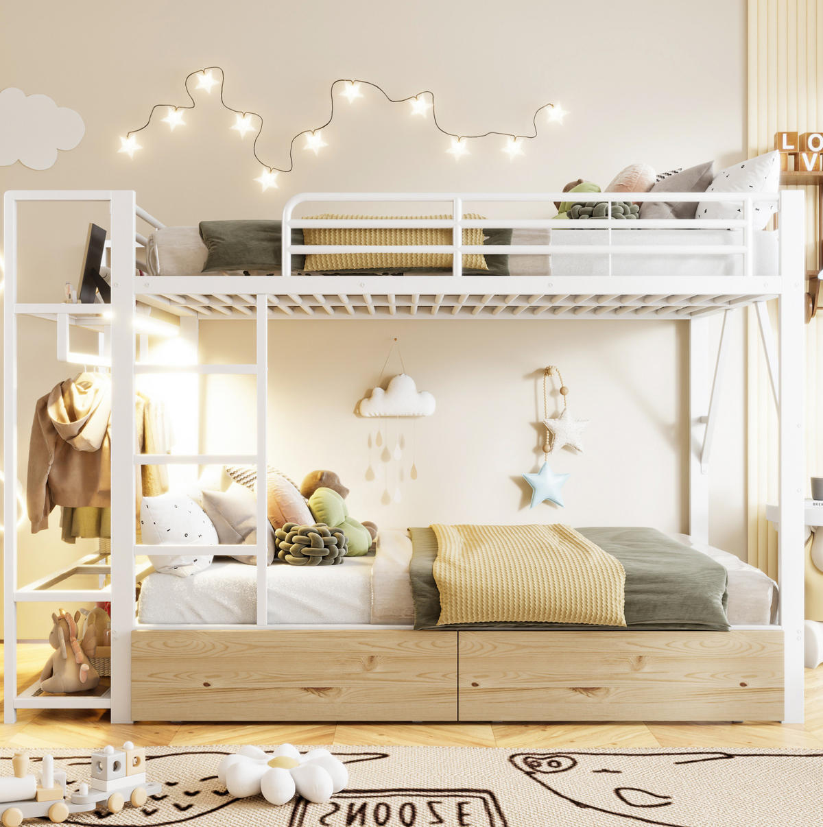 ETAGENBETT 140/200 cm Weiß mit LED, 2 Schubladen, Ablageflächen, ohne Matratze - Weiß, Metall (140/200cm) - MIVRAY