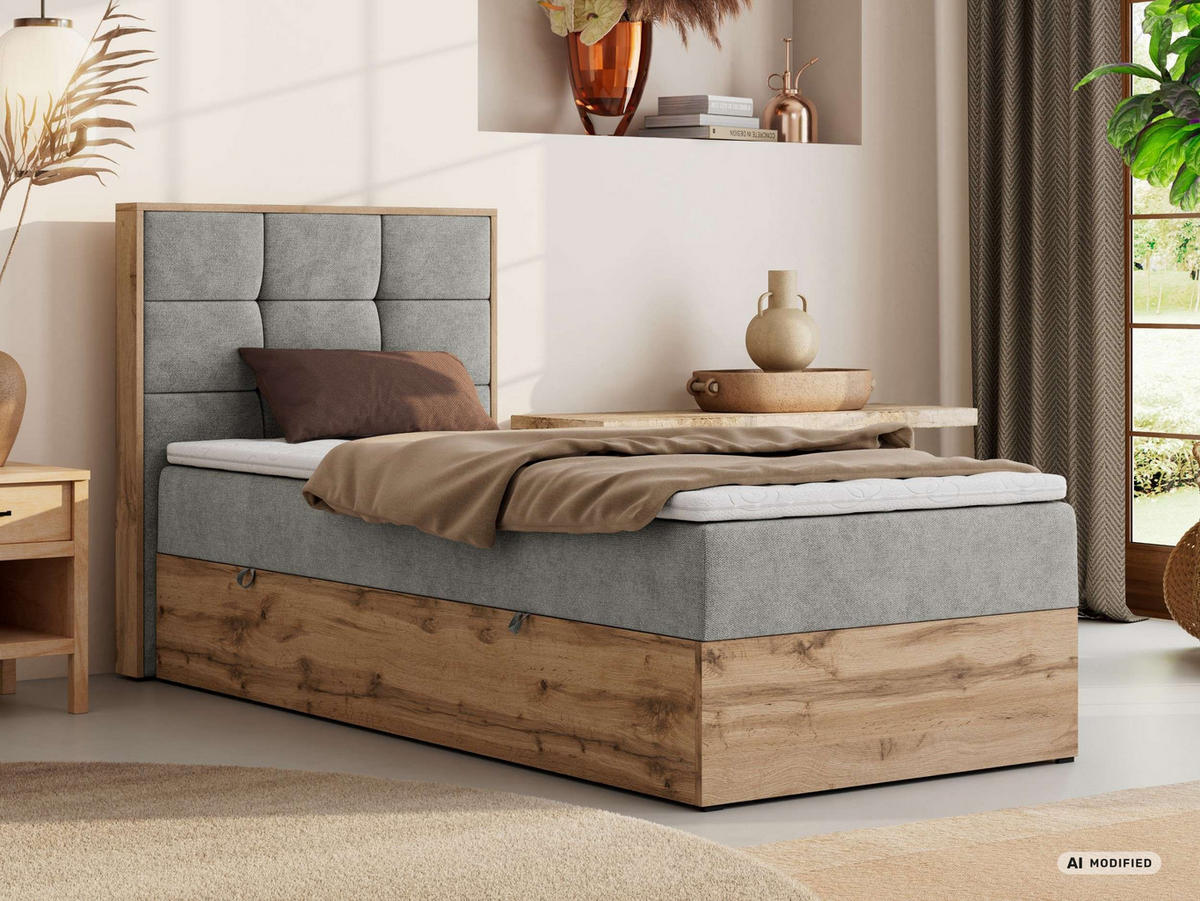 BOXBETT ALBERO 1 90/200 - Hellgrau Stukture - Topper Visco - H3 - Links - Silberfarben/Hellgrau, Kunststoff/Textil (90/200cm) - MKS