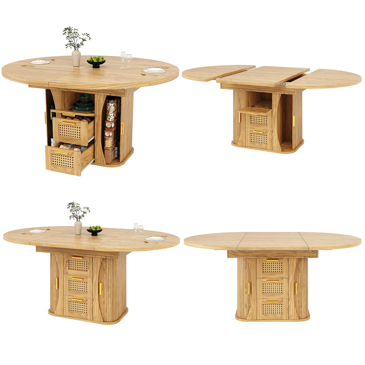 ESSTISCH mit Stauraum, Rattan-Schubladen und MDF-Holzoptik Schwarz/Natur/Braun 118-158 cm - Hellbraun, Holzwerkstoff/Metall (158/118/77.1cm) - EVRYAE