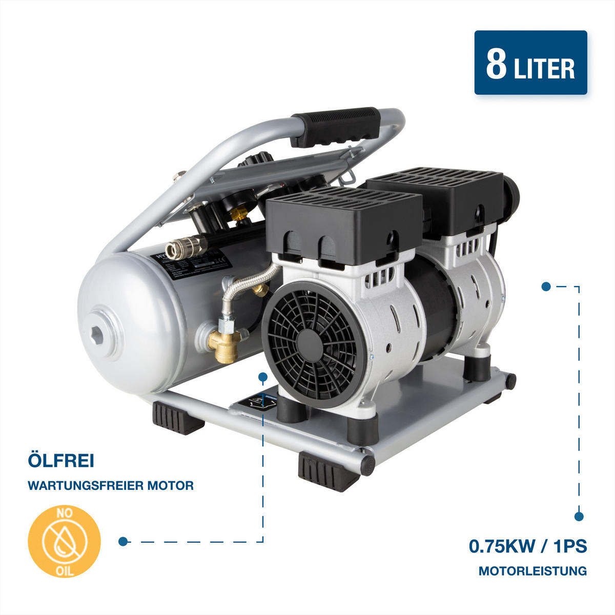 SILENT Kompressor SAC75008IC (9 bar, 8L, tragbar, ÖLFREI, 49 dB, 750 W / 1 PS) - Silberfarben, Metall (41/41/36cm) - HYUNDAI