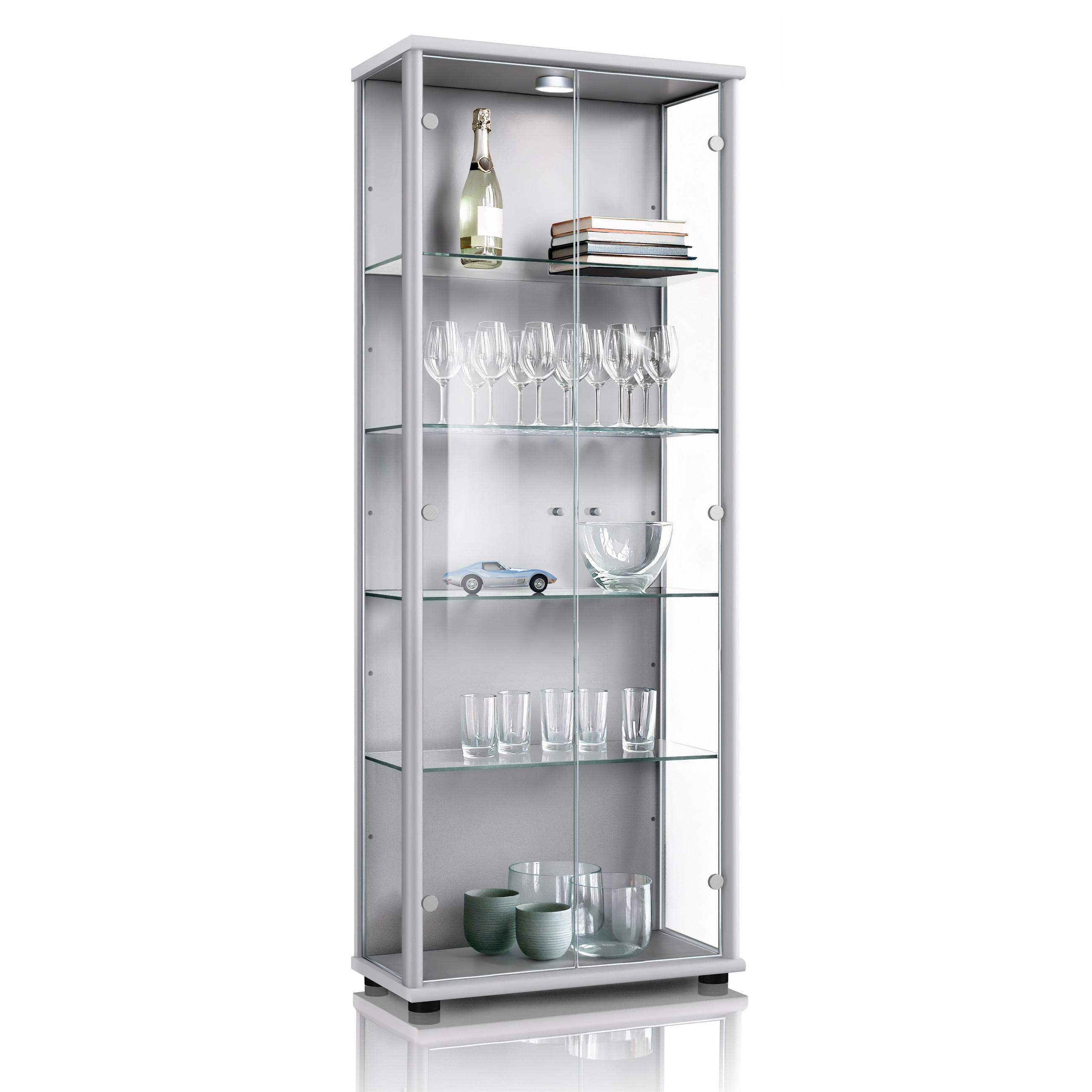 GLASVITRINE 33/67/176 cm mit LED & 4 höhenverstellbaren Glasböden - Transparent/Silberfarben, Glas/Holzwerkstoff (67/176/33cm) - K-Möbel