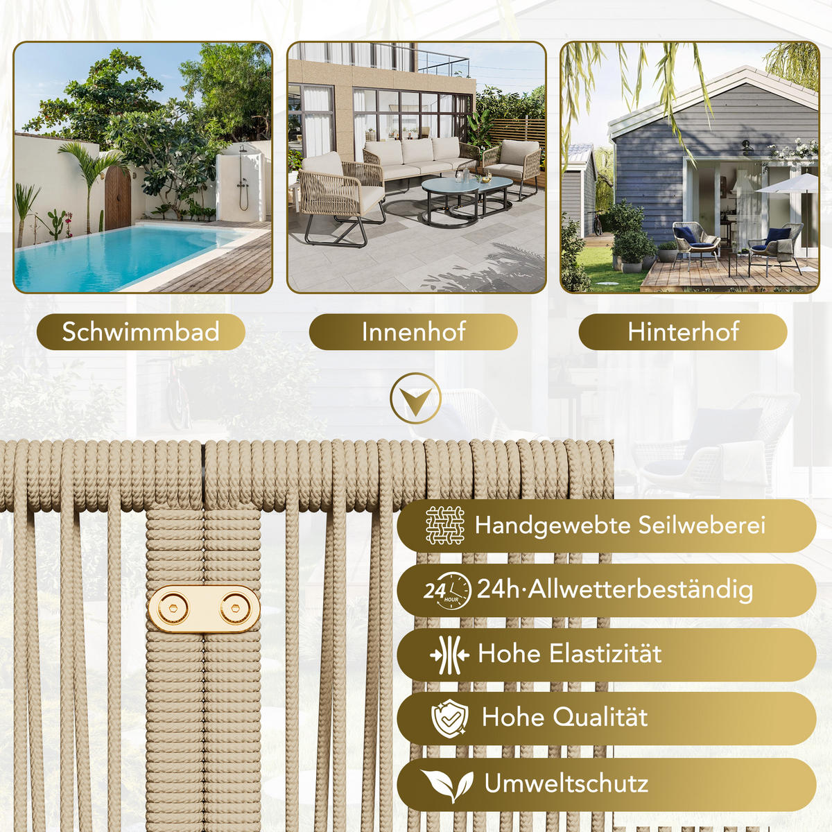 LOUNGESET 5er Seil Beige Mit Verstellbaren Füßen & Glastisch - Beige, Metall - FLIEKS