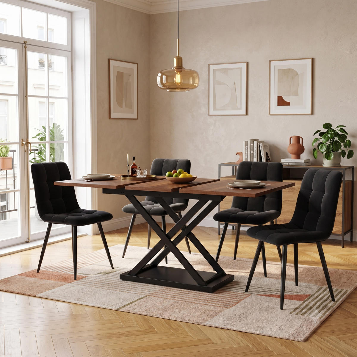ESSGRUPPE Ausziehbarer Esstisch 120-160cm Nussbaum & 4 Samtstühle Schwarz - Walnussfarben, Holzwerkstoff (160/75/80cm) - Urban Meuble