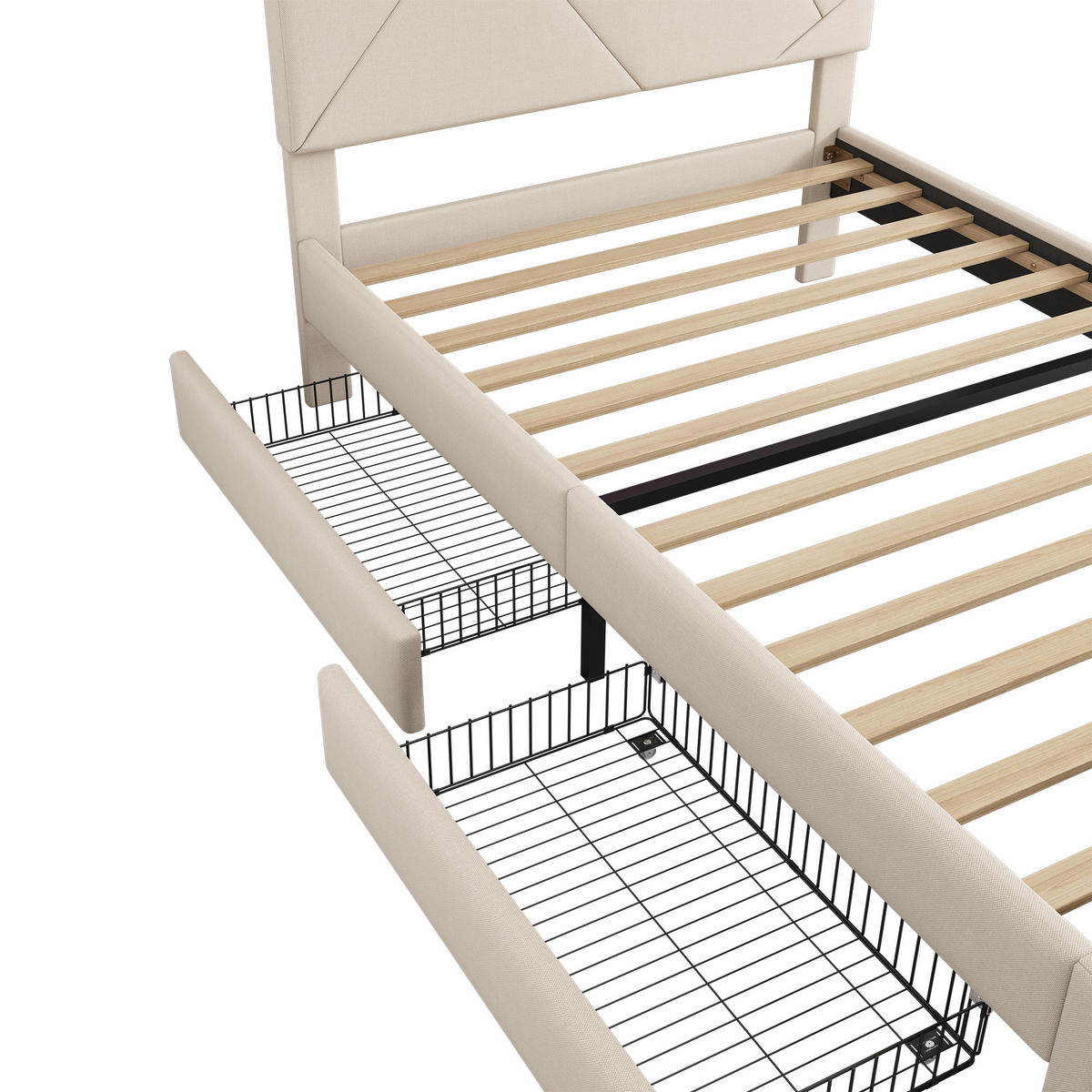 POLSTERBETT aus Leinen 90x200 cm in Beige mit LED-Beleuchtung & 2 Schubladen - Beige, Textil (90/200cm) - Modfu
