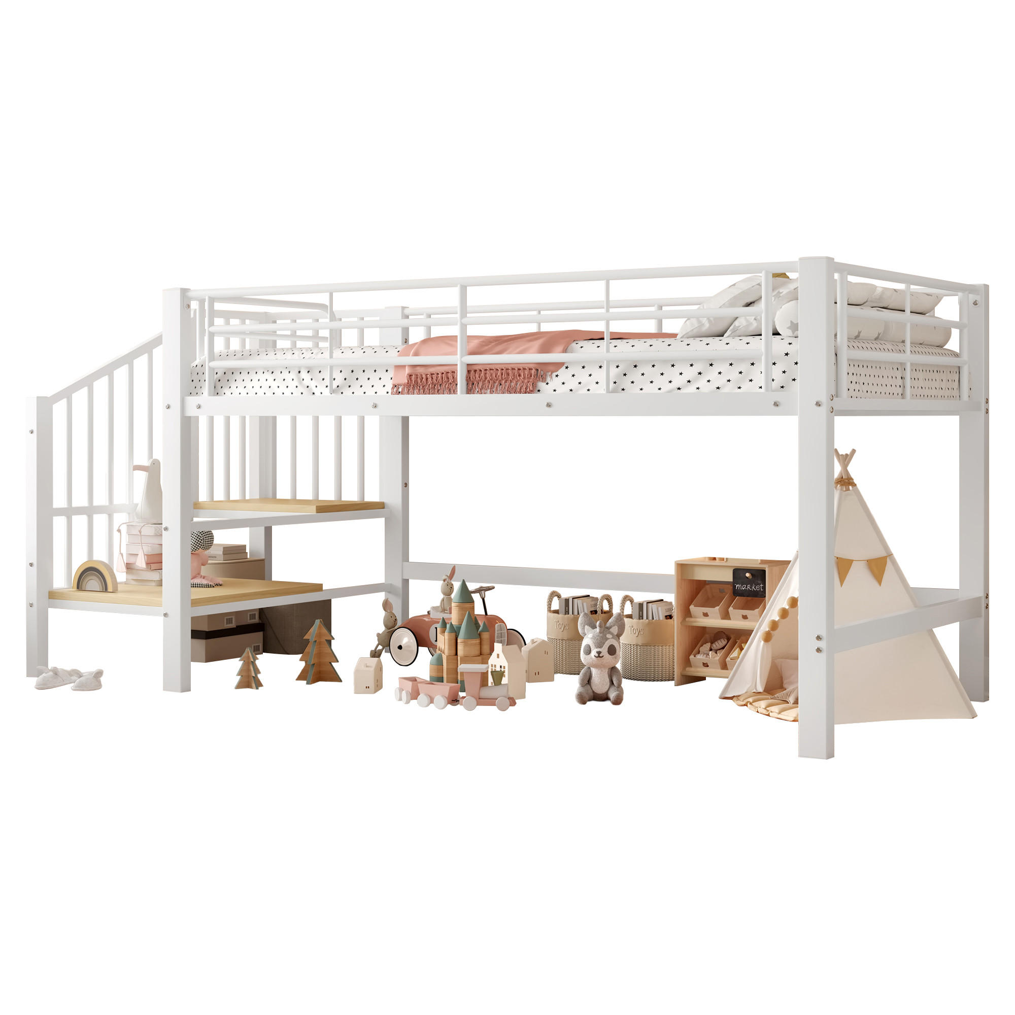 HOCHBETT 90/200 cm in Weiß mit Stauraumtreppe aus MDF & Metall - Weiß, Holzwerkstoff/Metall (90/200cm) - CHICFURN