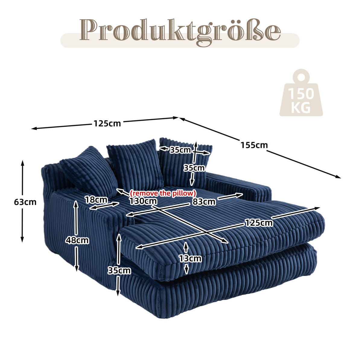 CHAISELONGUE aus Cord 125x155 cm Navy mit 3 Kissen - Blau, Textil (155/63/125cm) - Meubliv