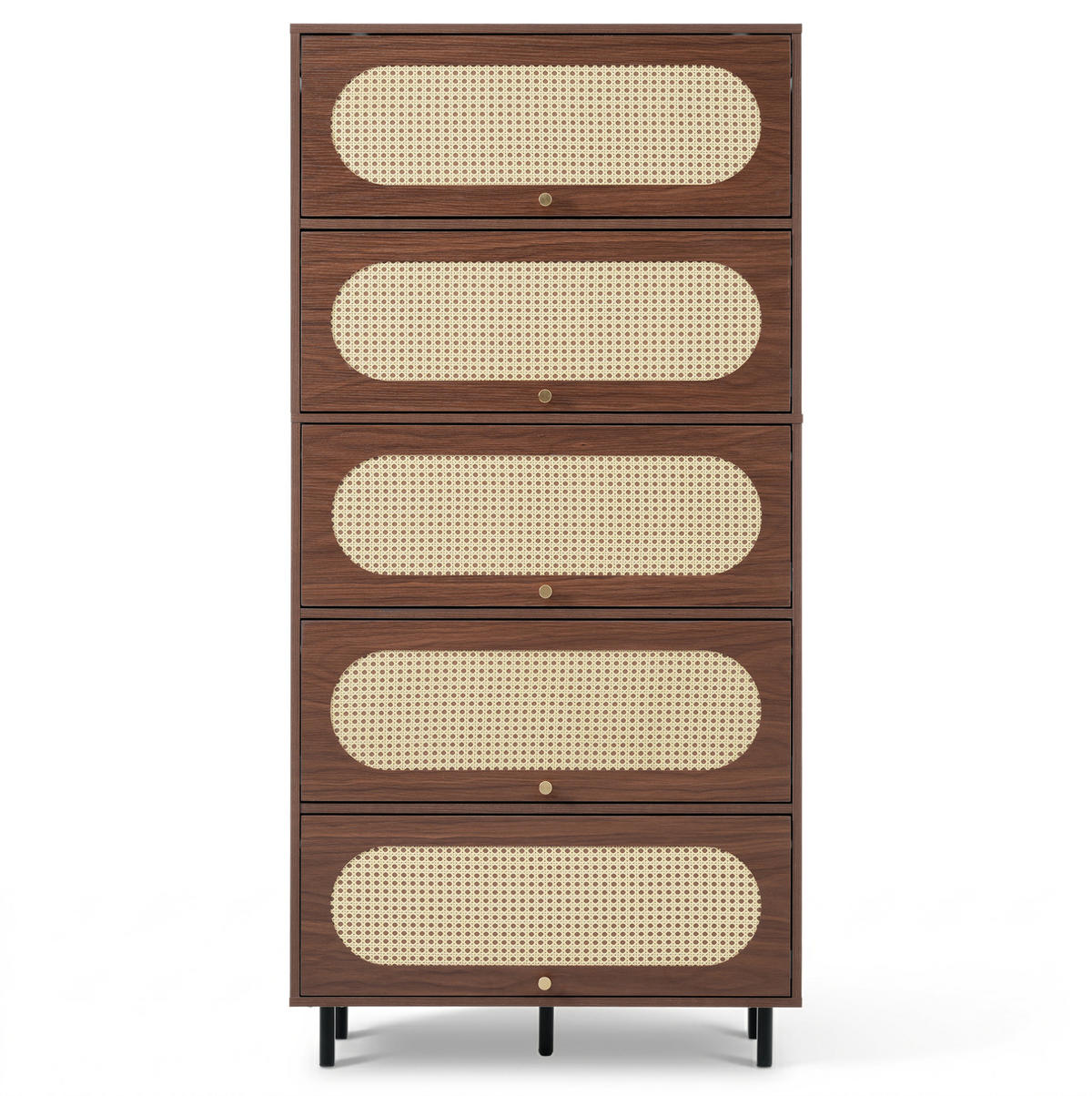 VYSOKÁ komoda z MDF 80x40x163 cm ořechová s 5 výklopnými dvířky, ratanem a kovovými nohami - barva vlašského ořechu, kompozitní dřevo (80/163/40cm) - Modfu
