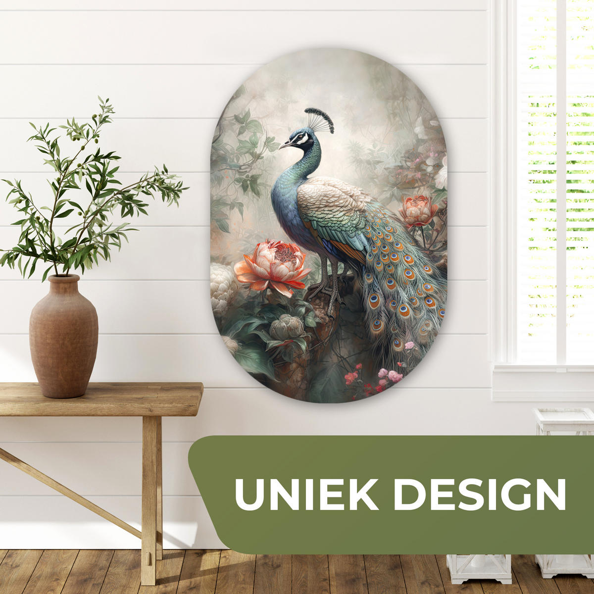 WANDBILD Pfau - Pfauenfedern - Vogel - Dschungel - Blumen Wanddeko Schlafzimmer 60x90 cm - Smaragdgrün, Kunststoff (60/90cm) - MuchoWow