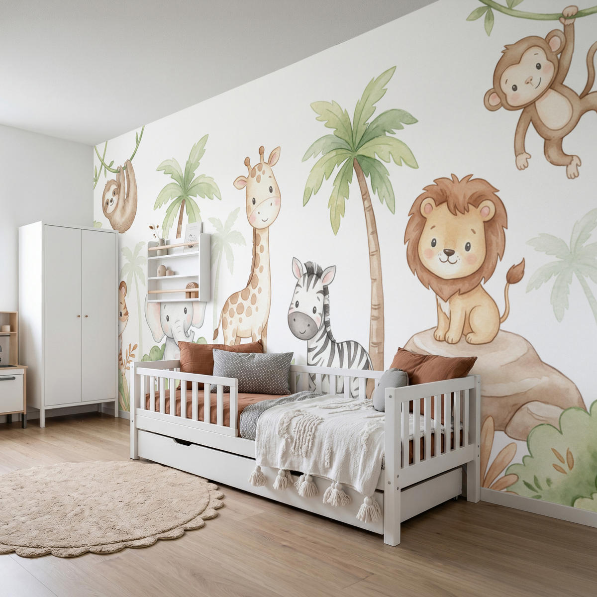 KINDERTAPETE - Tiere - Dschungel - Pastell - 450x220 cm - Weiß, Papier (450/220cm) - OnlyWow