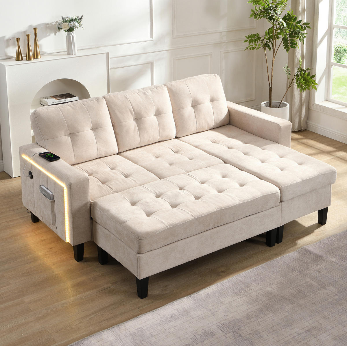 ECKSOFA 185/135/85 cm beige aus Chenille mit LED, USB und Fußhocker - Beige, Kunststoff (135/185cm) - OKWISH