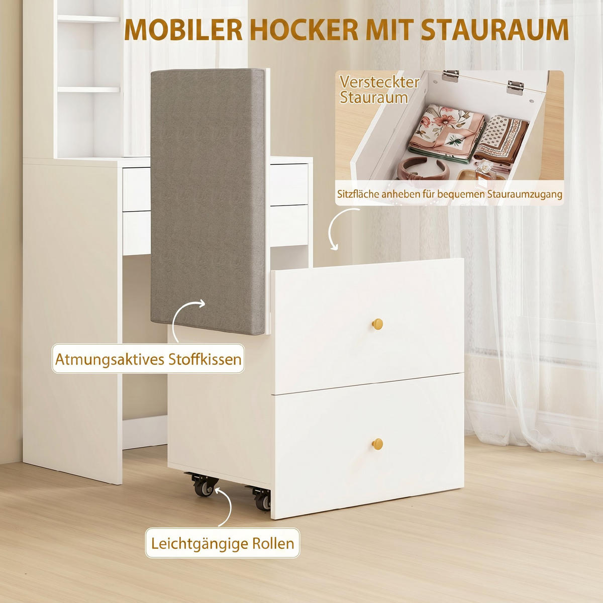 SCHMINKTISCH-SET Leinen (100 % Polyester), Spanplatte Weiß - Weiß, Holzwerkstoff/Textil (40/132.5/60cm) - HOMCOM