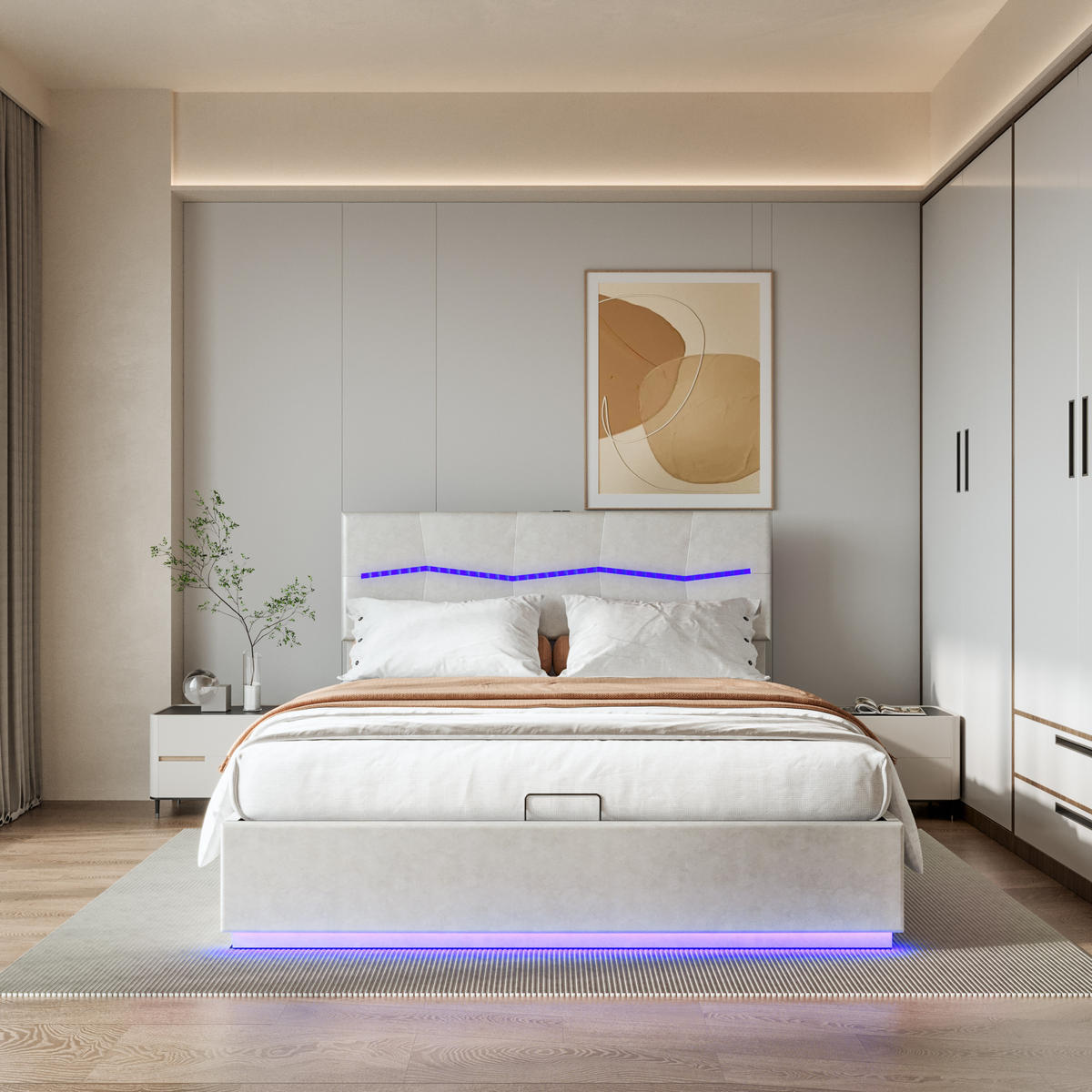 POLSTERBETT 140x200 cm, Beige, mit LED & USB-Typ-C-Ladeanschluss - Beige, Textil/Metall (140/200cm)