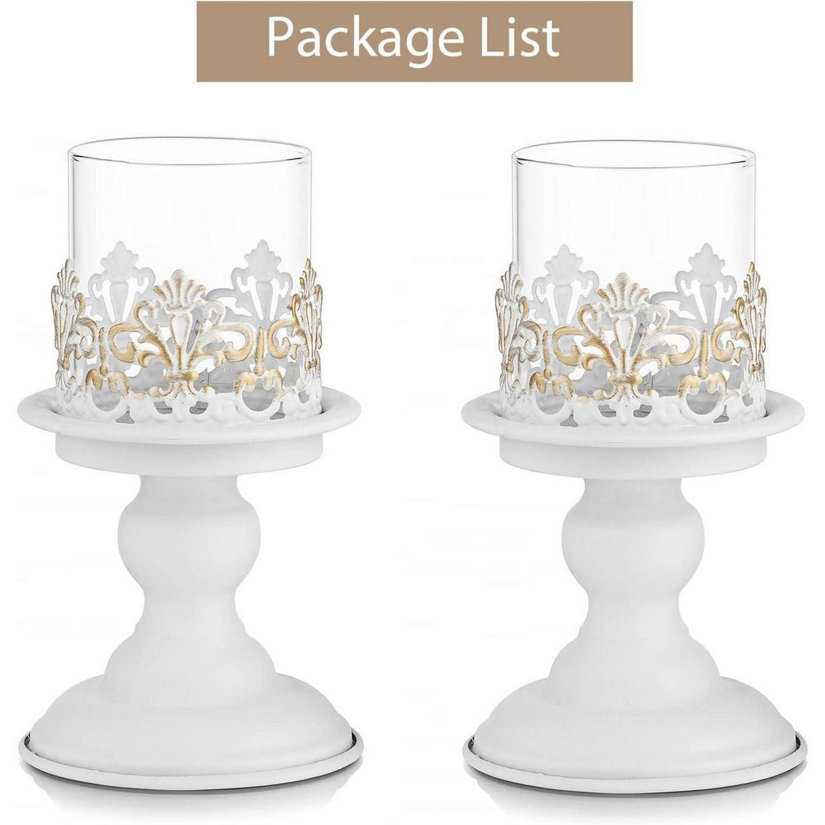 KERZENSTÄNDER 2-teiliges Set Weiß Antik Metall mit Glas-Hurrikan - Weiß, Metall (11.5/20.5/11.5cm)