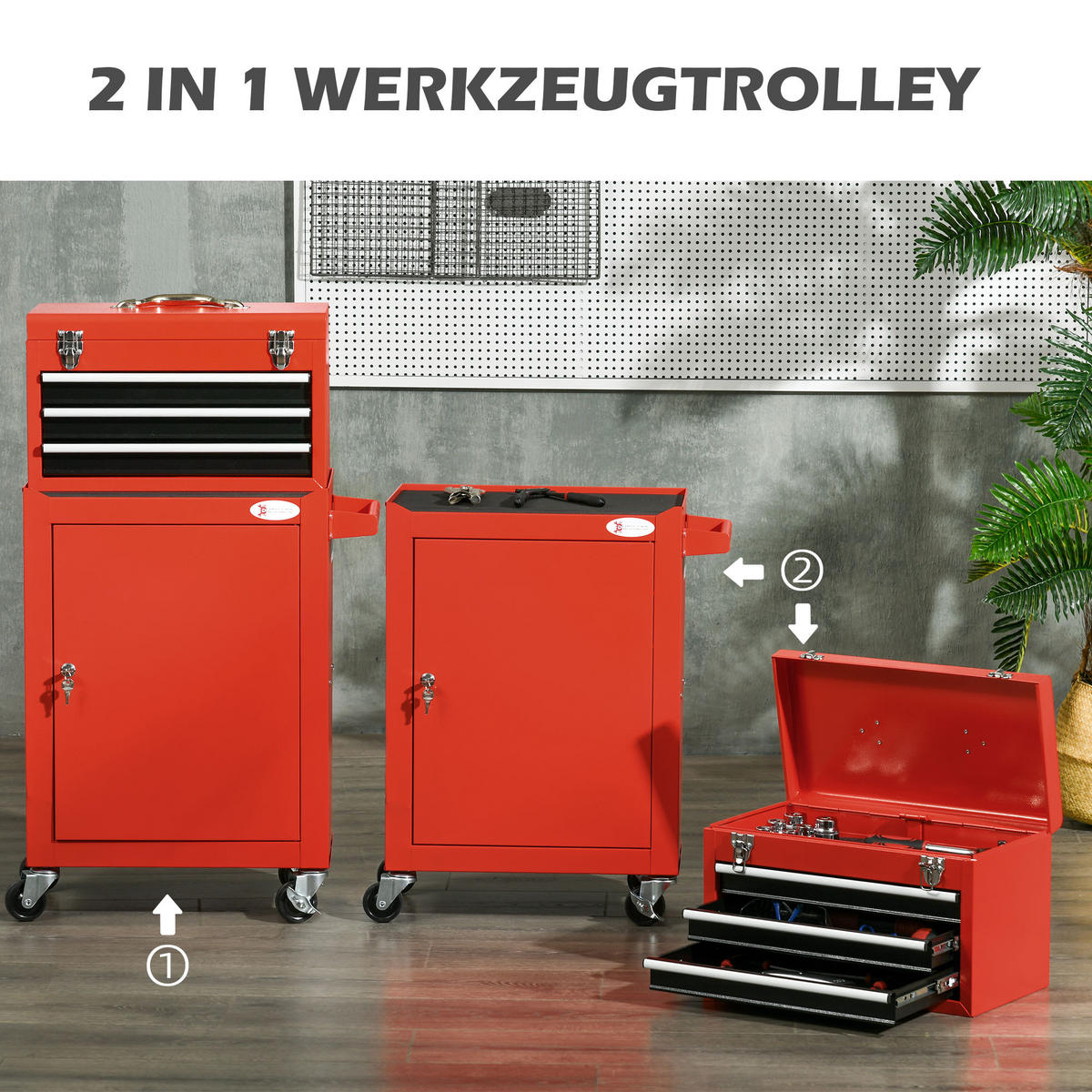 WERKSTATTWAGEN 2-in-1 , Stahl, Rot - Rot, Metall (46/94/28cm) - DURHAND