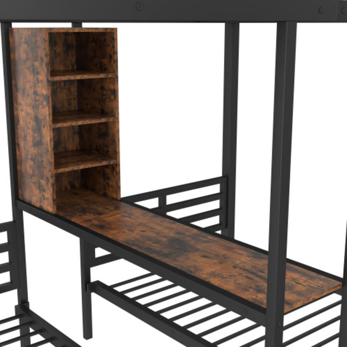 ETAGENBETT 140x200 cm & 90x200 cm, 3 Schlafplätze aus Metall und MDF mit Sicherheitsgeländern, 2 Schubladen und Staufächern, schwarz - Schwarz, Holzwerkstoff - Luhomfu