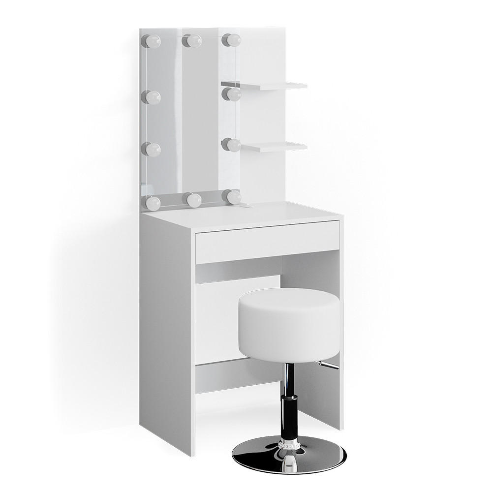 SCHMINKTISCH Isabelle Weiß 60 cm mit LED Beleuchtung und Hocker - Weiß, Holzwerkstoff (60/140/40cm) - Vicco