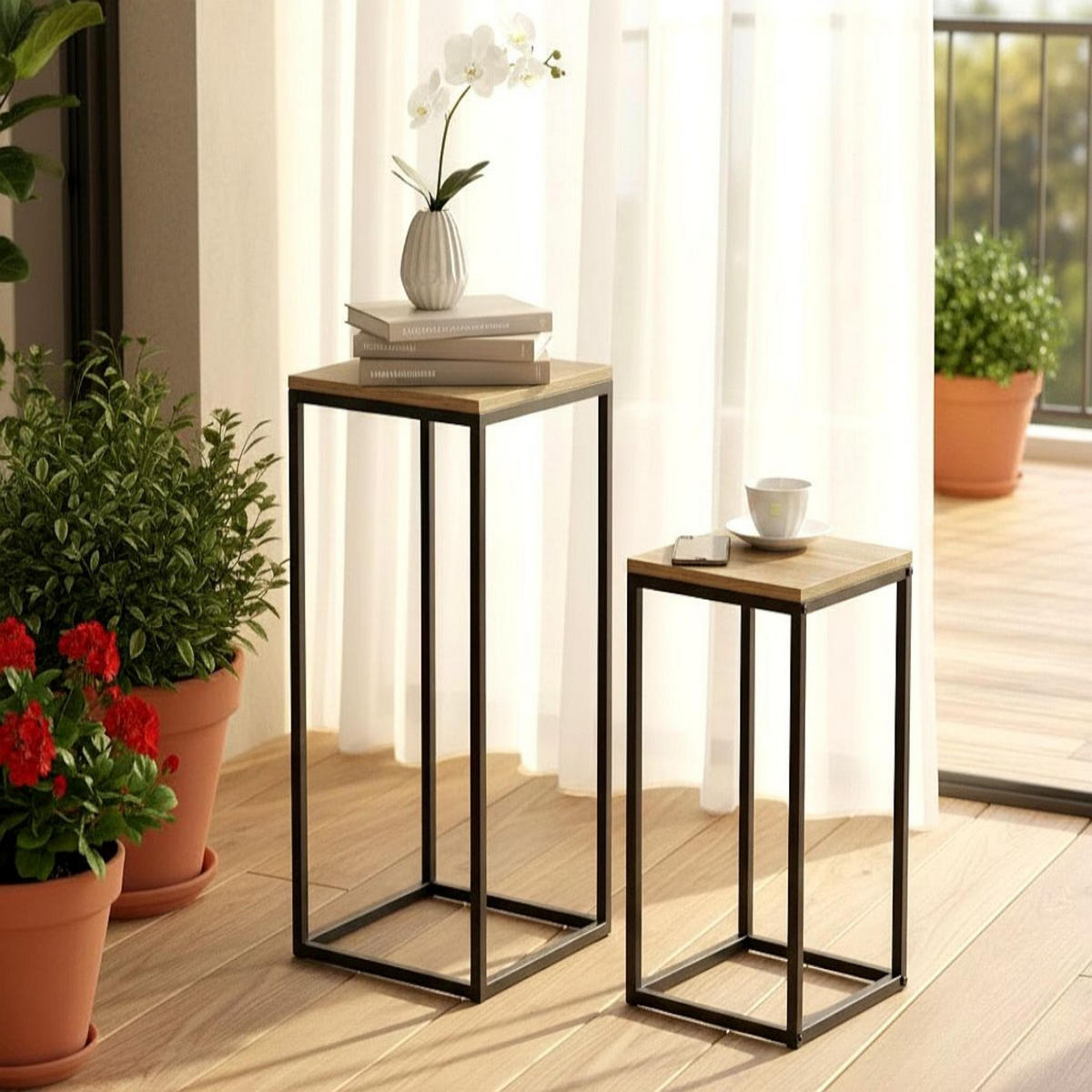 BLUMENSTÄNDER Metall Schwarz Eckig 2er Set 60 cm und 70 cm Pflanzenständer 96705 Blumenhocker - Schwarz, Metall (30/30/70cm)