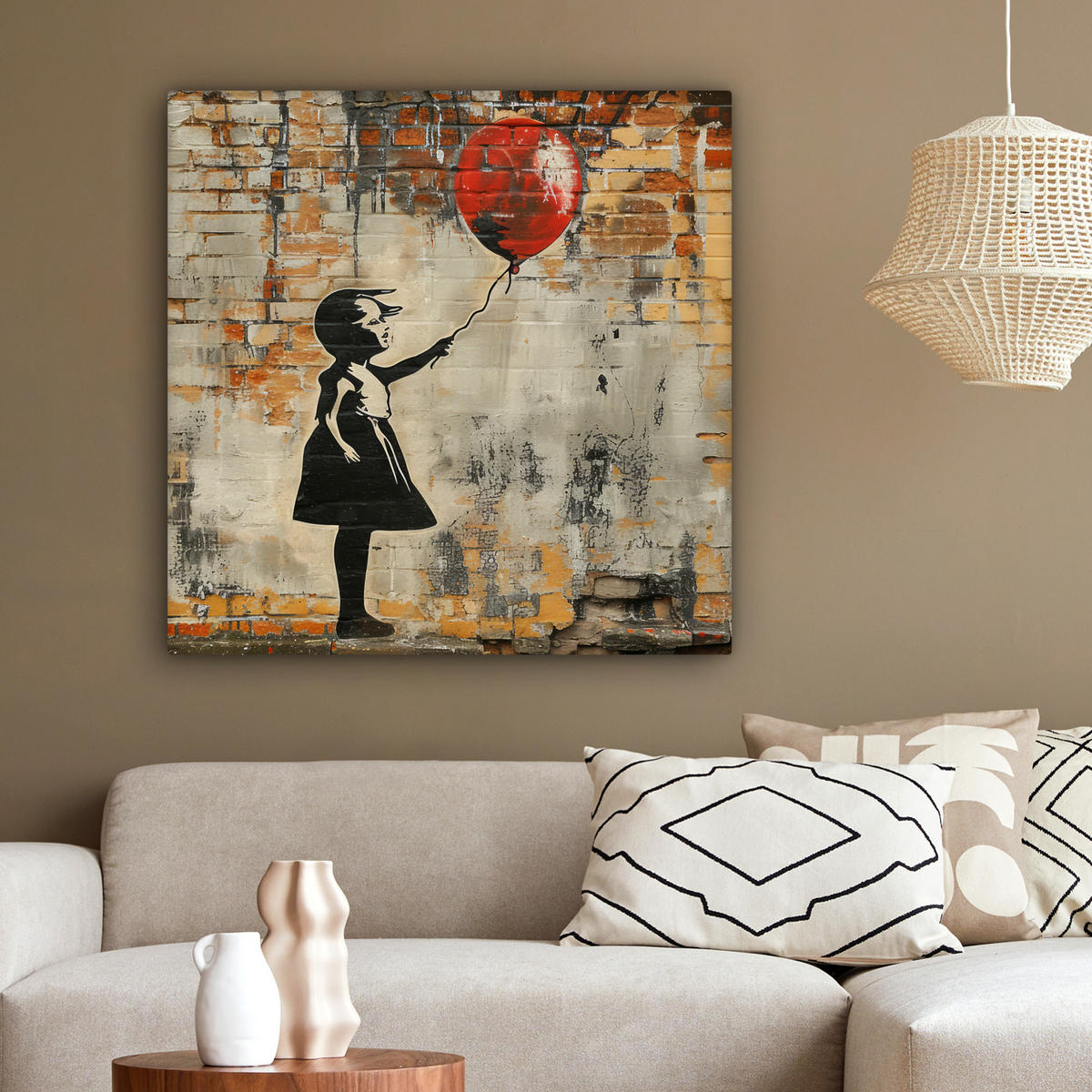 LEINWANDBILD Graffiti - Banksy - Mädchen - Straßenkunst 90x90 cm - Sandfarben, Textil (90/90cm) - MuchoWow