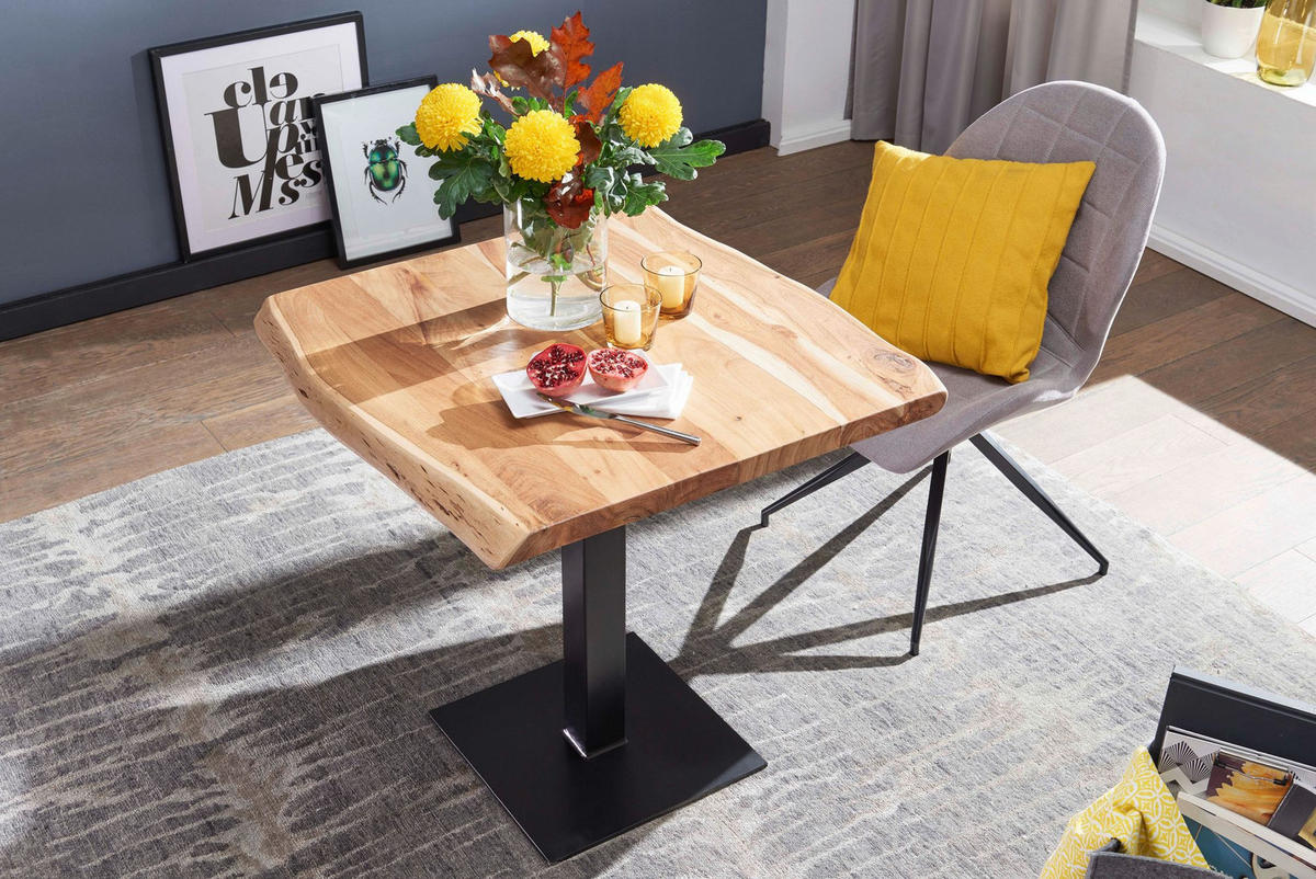 ESSTISCH – Massivholz quadratisch Baumkante Edelstahlfuß Unikat - Beige/Schwarz, Holz/Metall (75/80/75cm) - KADIMA DESIGN