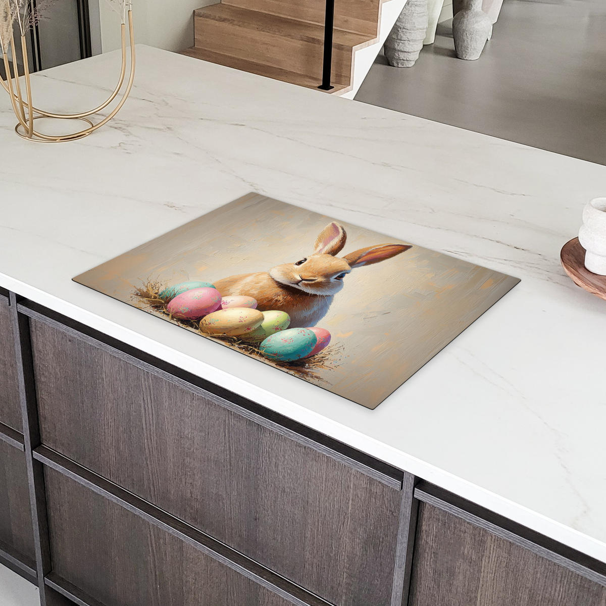 HERDABDECKPLATTE Osterhase - Pastell - Eier Herdabdeckung Induktionsfeld 75x52 cm - Beige, Kunststoff (75/52/0.2cm) - MuchoWow