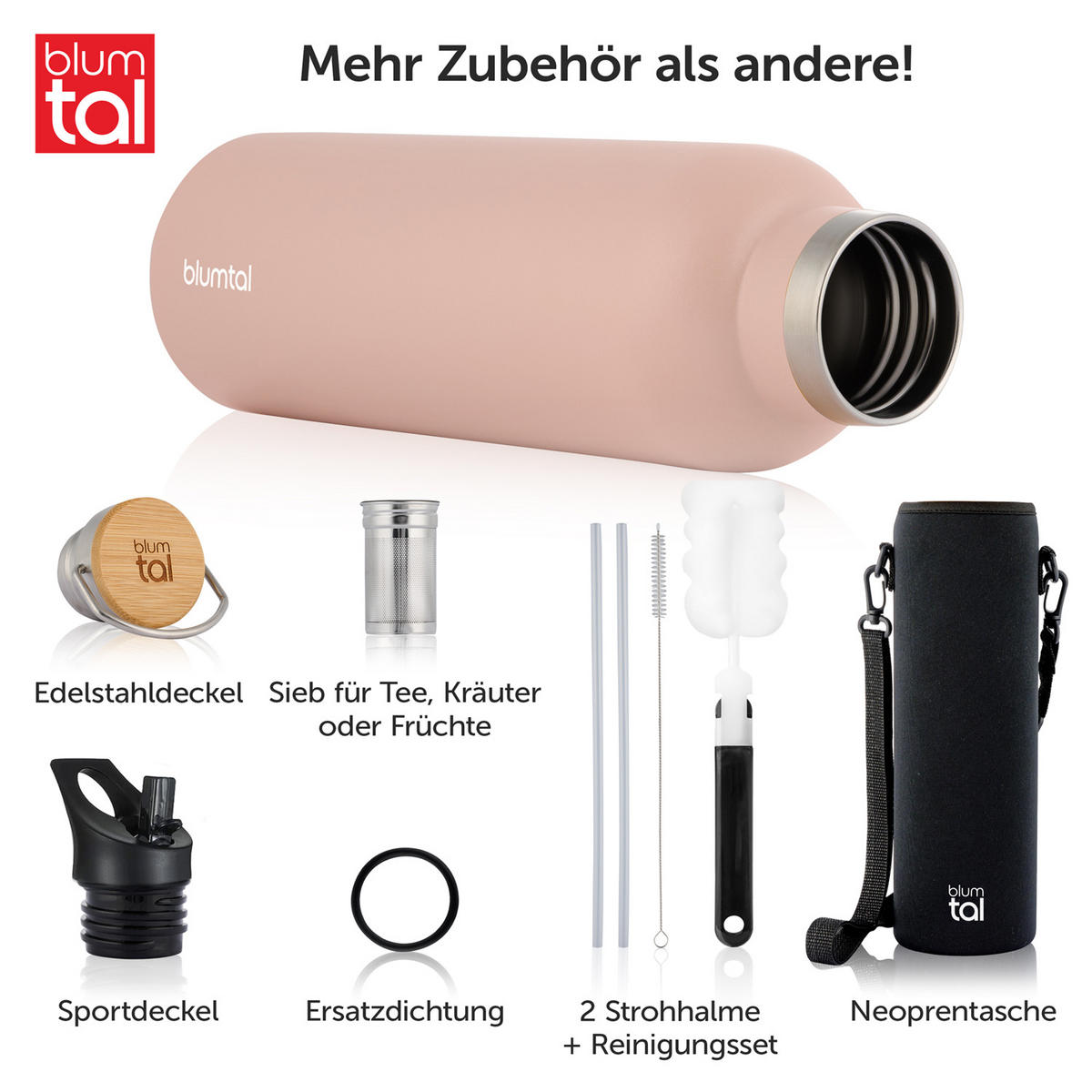 TRINKFLASCHE Leni 1000 ml, inkl. Teesieb und Sportdeckel - Hellrosa, Metall (1L) - Blumtal