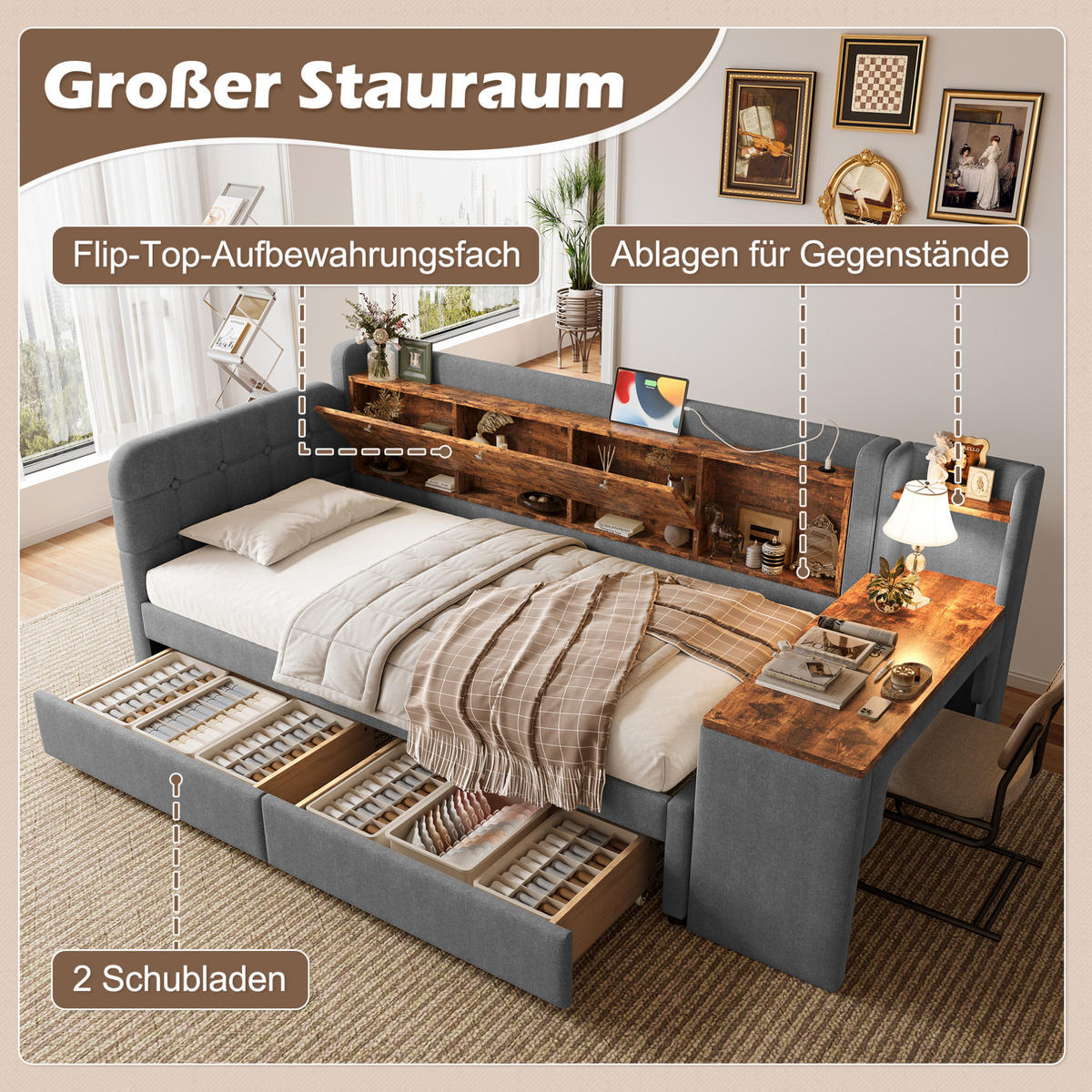 POLSTERBETT 90/200 cm Grau mit 2 Schubladen, Schreibtisch und USB - Grau, Textil (90/200cm) - Flora Grace
