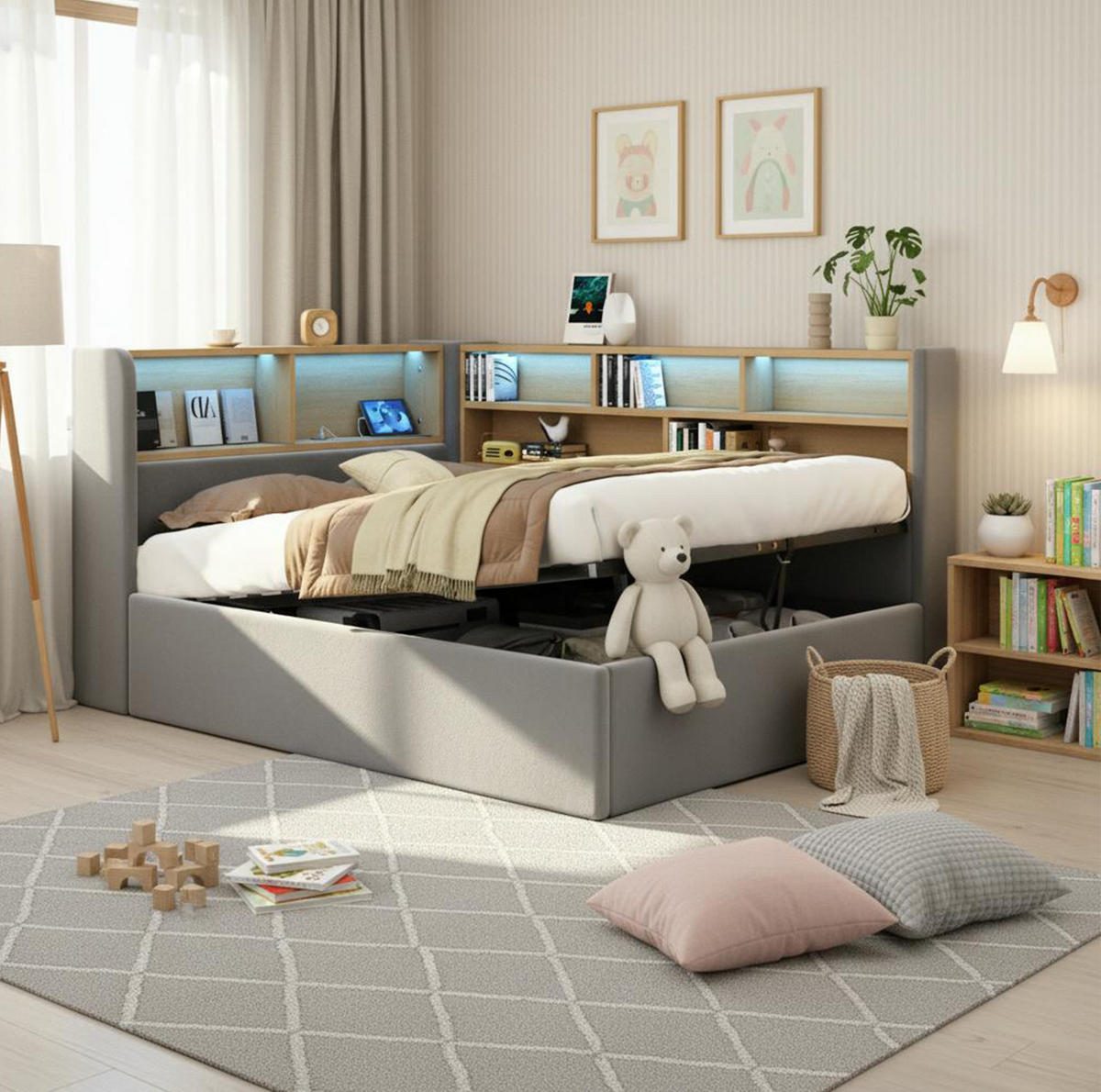 ČALÚNENÁ posteľ z zamatu 90x200 cm sivá s hydraulickým úložným priestorom, LED osvetlením a USB-C - sivá, textil (90/200cm) - Modfu