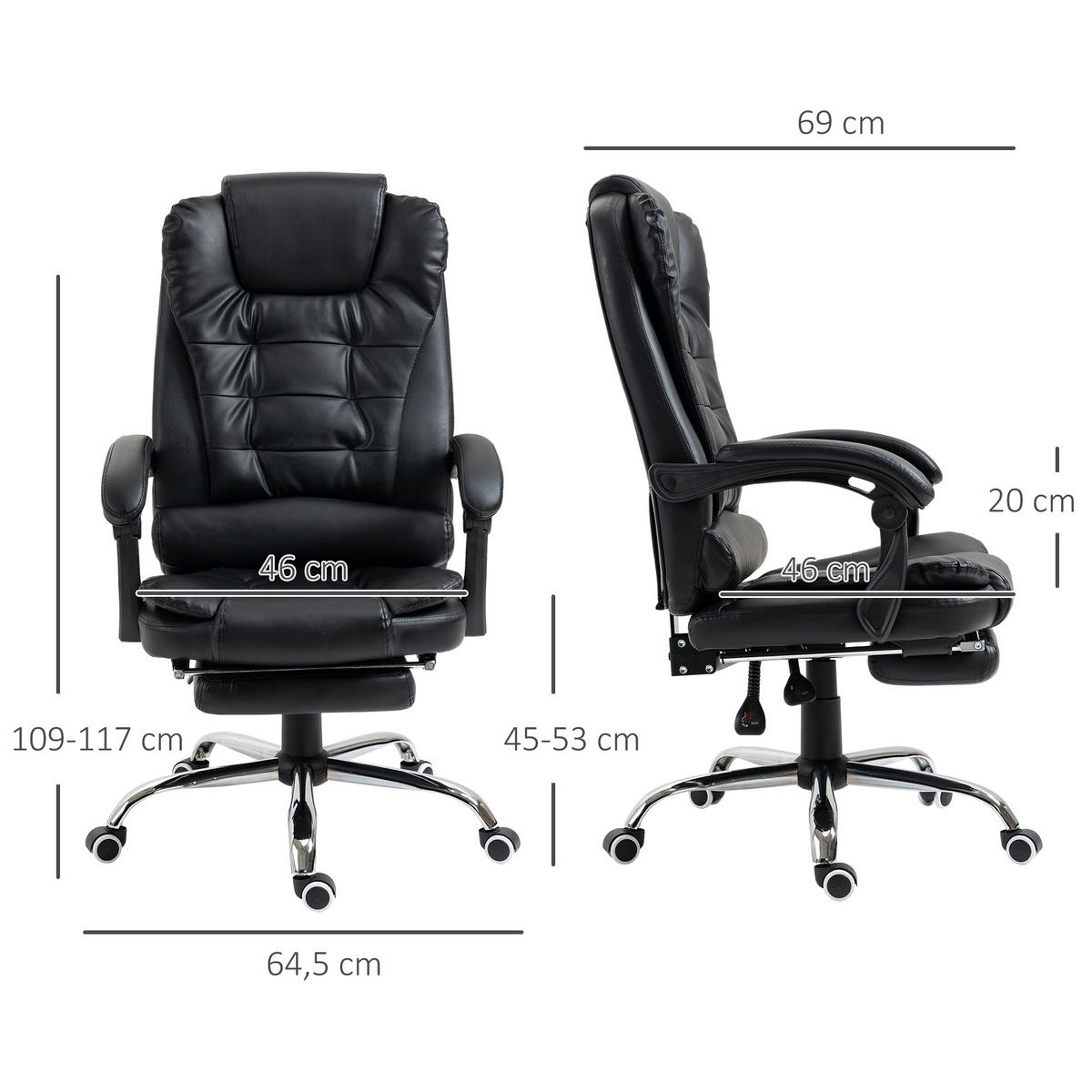CHEFSESSEL Bürostuhl mit Fußstütze, Schreibtischstuhl mit Neigefunktion Schwarz - Schwarz, Kunststoff (64.5/117/69cm) - HOMCOM