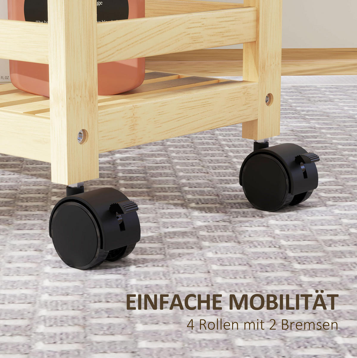 SERVIERWAGEN 55/20/75 cm aus Bambus mit 3 Ablagen und Rollen - Hellbraun, Naturmaterialien (55/75/20cm) - Flora Grace