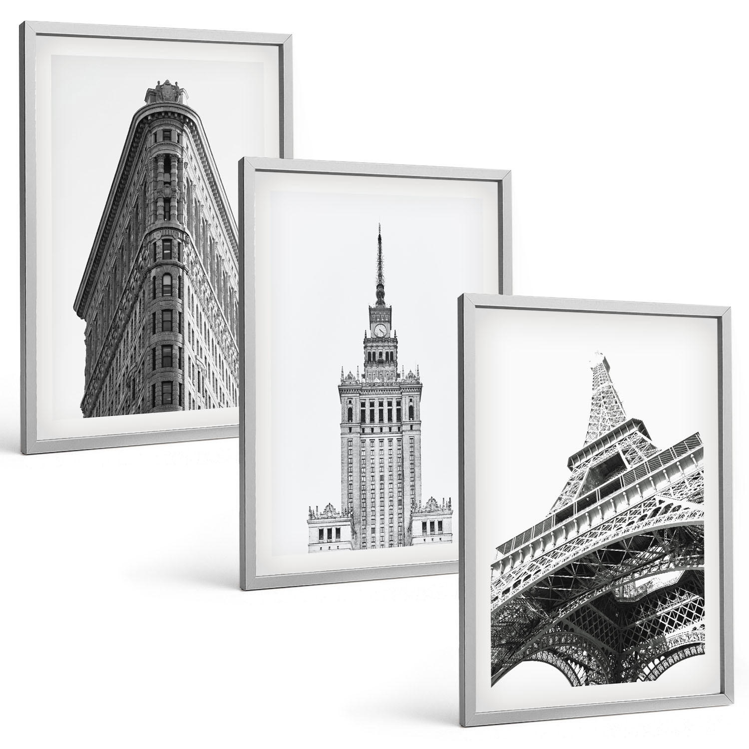 BILDER SET 3er Set - 40x60 cm Silberner Rahmen - Architektonische Schwarz-Weiß-Gebäude - Silberfarben, Kunststoff (40/60cm) - TULUP