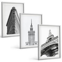 BILDER SET 3er Set - 40x60 cm Silberner Rahmen - Architektonische Schwarz-Weiß-Gebäude - Silberfarben, Kunststoff (40/60cm) - TULUP