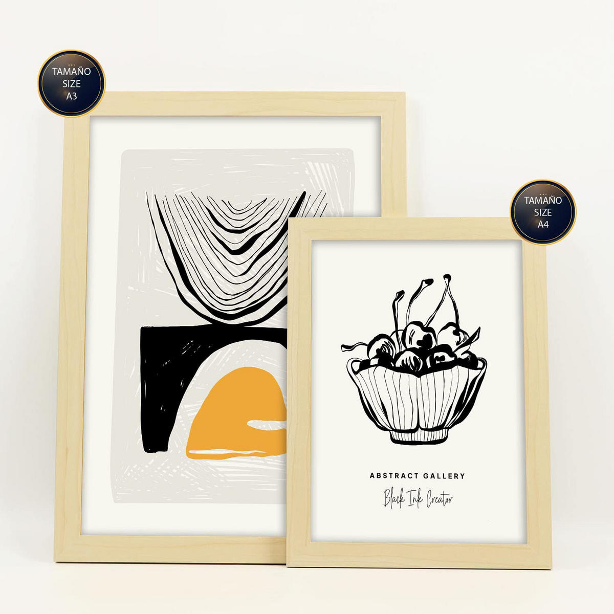 POSTER Set Mit 6 Schwarze Tintenfrüchte Größe A3 & A4 Rahmen aus hellem Holz - Beige, Papier (29.7/1cm) - Nacnic