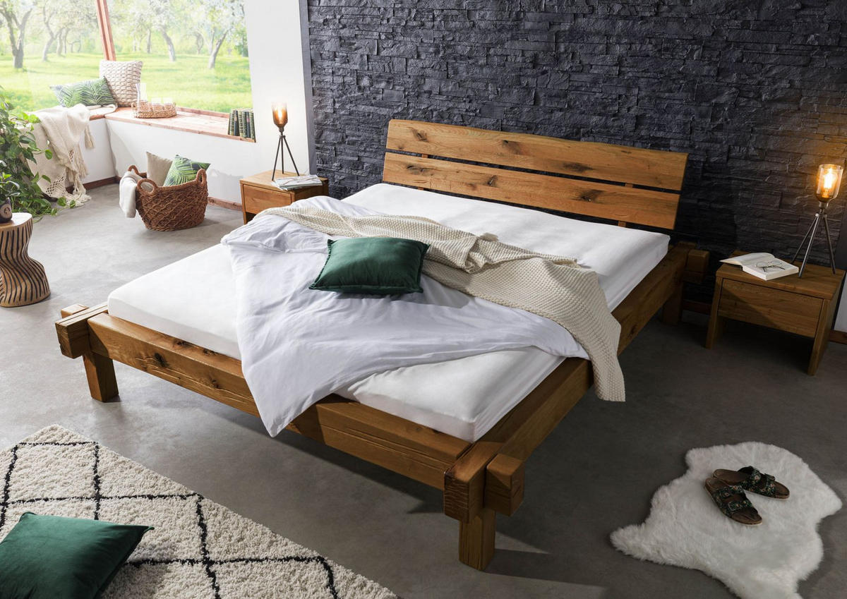 BALKENBETT Zerreiche 180x200 tabacco geölt JANGALI #322 - Braun, Holz (180/200cm) - Massivmoebel24