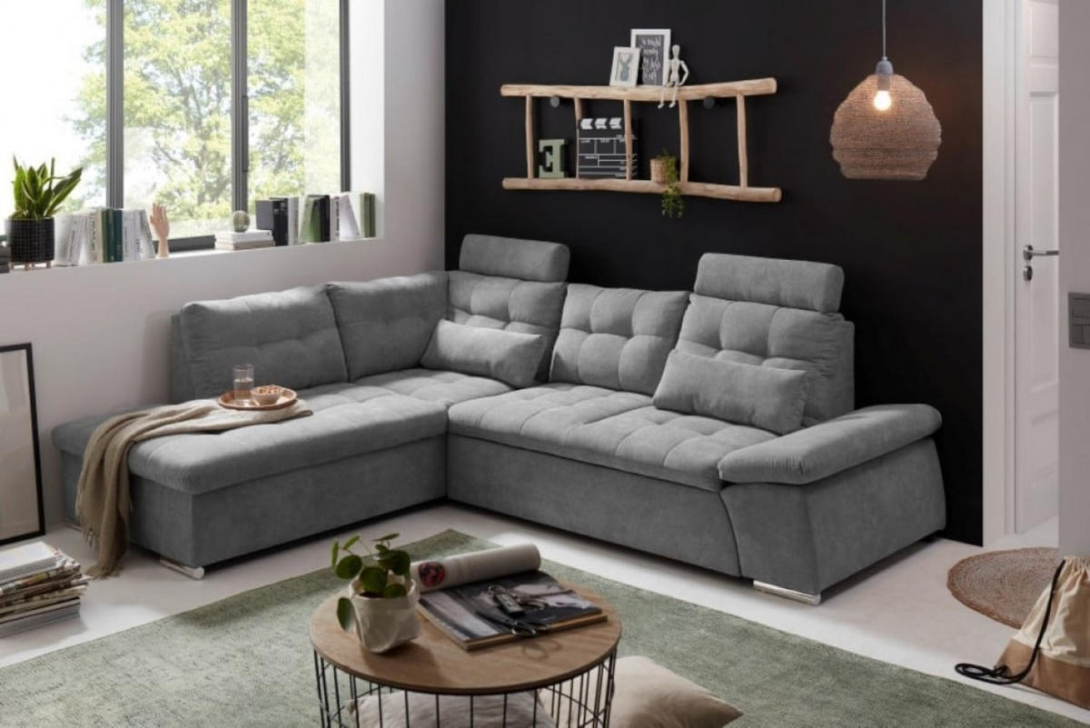 ECKSOFA mit Schlaffunktion, Bettkasten und verstellbarer Armlehne - Chromfarben/Dunkelgrau, Textil (260/219cm) - ed exciting design