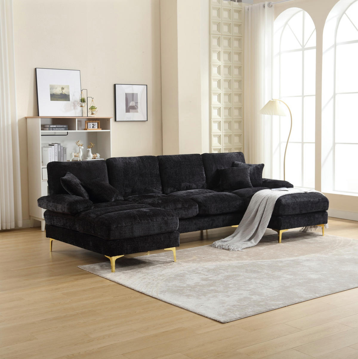 SOFA U-Form mit 2 Liegeflächen 272 x 136 cm Chenille Schwarz - Schwarz, Textil (136/88/272cm) - Meubliv
