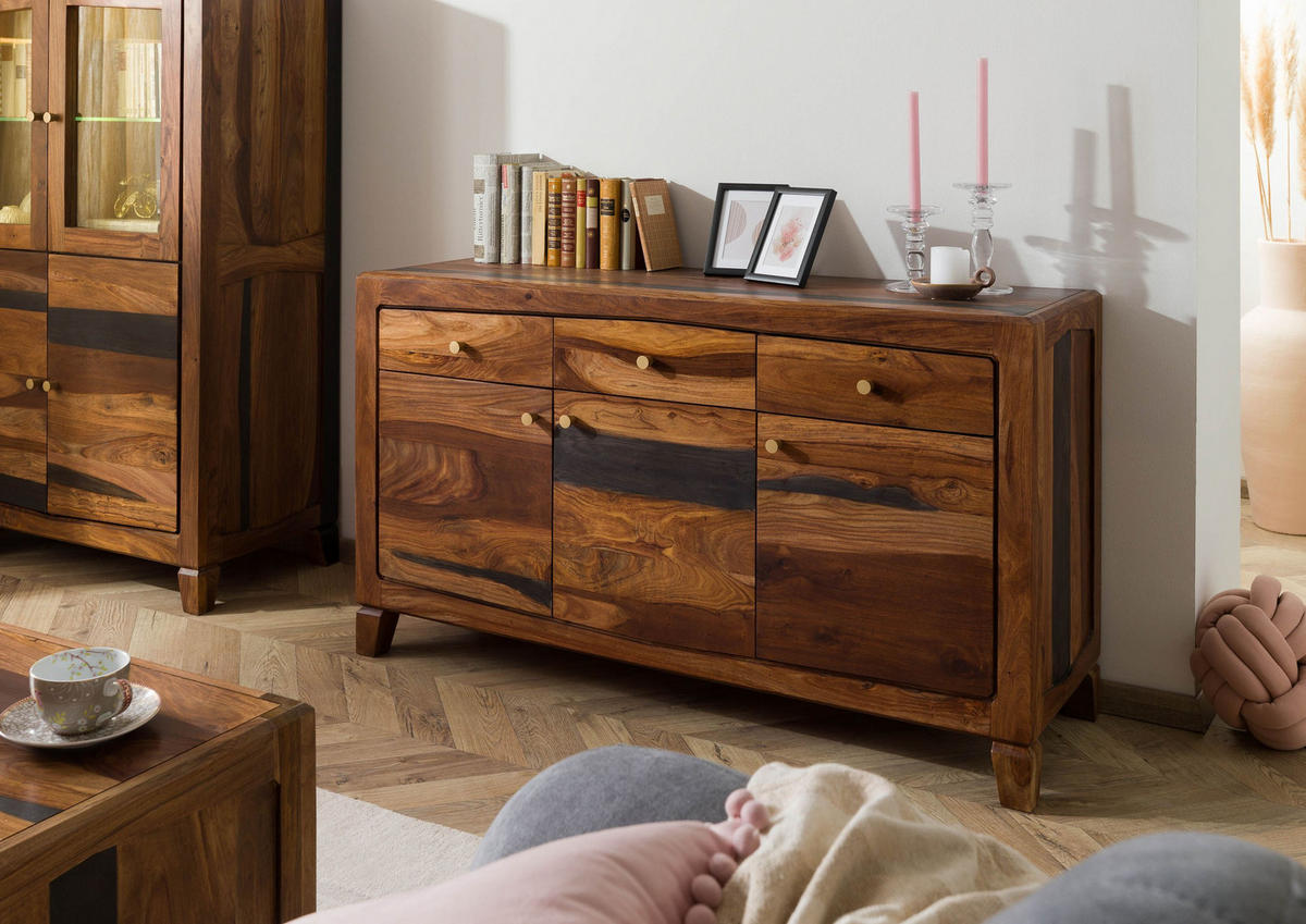 SIDEBOARD Sheesham 140x45x80 dunkelbraun lackiert ANCONA #222 - Dunkelbraun, Holz (140/80/45cm) - Massivmoebel24