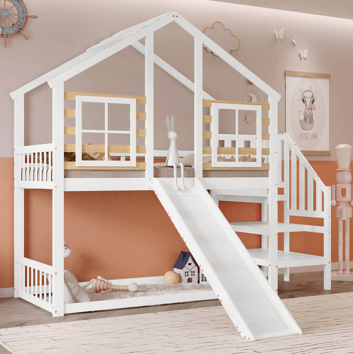 HAUSBETT 90/200 cm mit Rutsche und Treppe, Weiß/Natur - Weiß, Holzwerkstoff (90/200cm) - Flora Grace