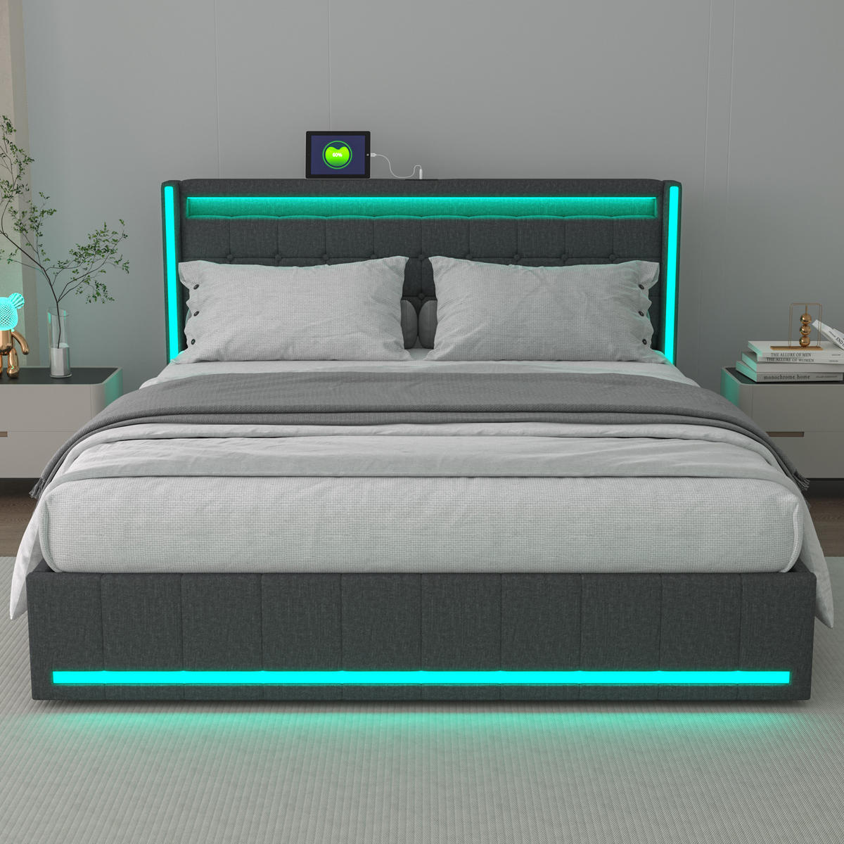 POLSTERBETT 140x190 cm Dunkelgrau Leinen LED USB 4 Schubladen - Grau, Holz (140/200cm) - SHOPENTRA