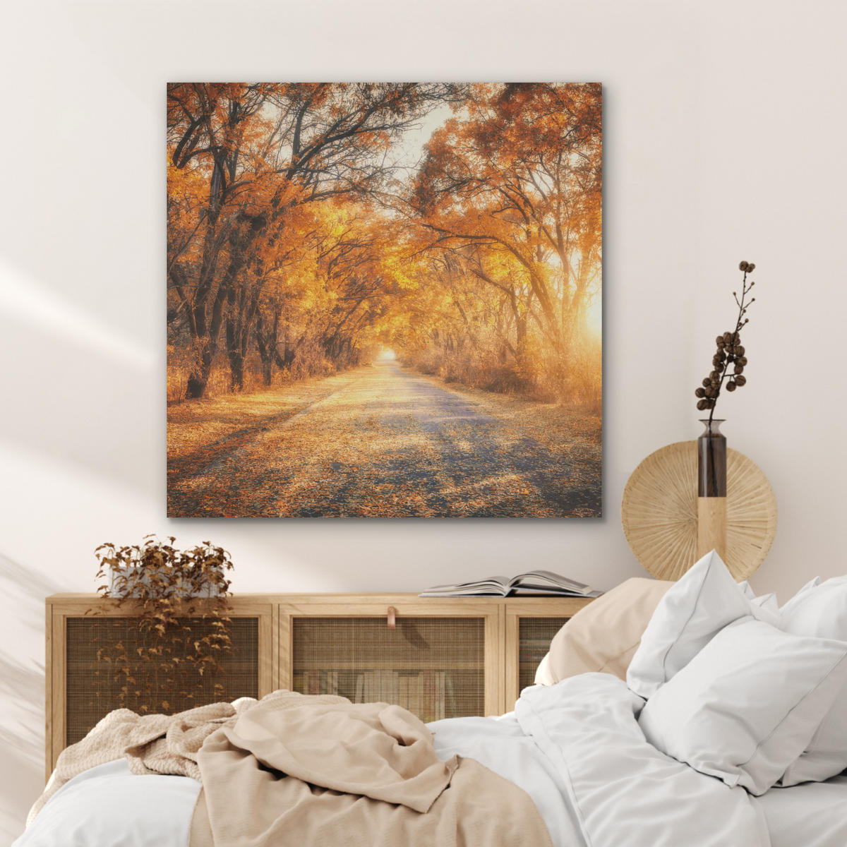 AKUSTIKPANEEL Wald - Herbst - Bäume - Waldweg - Natur 90x90 cm - Bernsteinfarben, Textil (90/0.9/90cm) - MuchoWow
