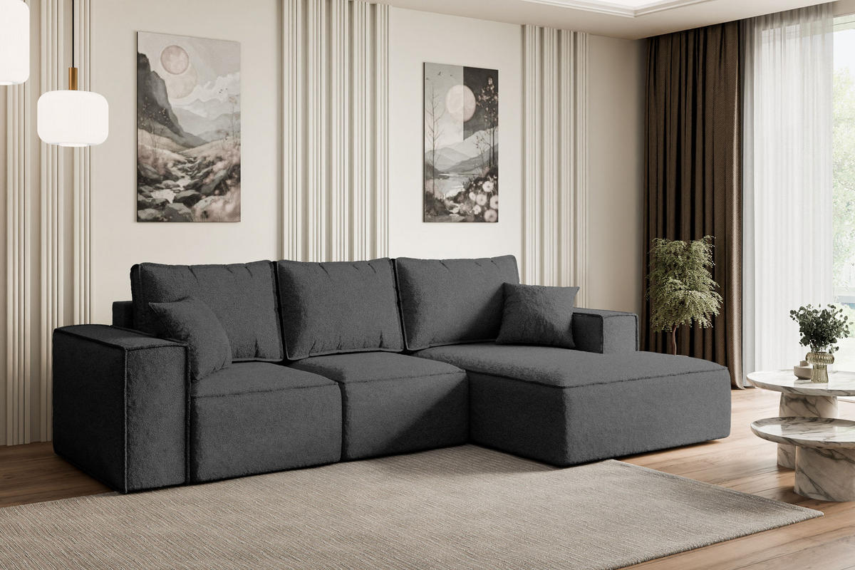 ECKSOFA mit Schlaffunktion und Bettkasten SERRA-L-S - 266x161x87 cm Grau Bouclé - Schwarz/Grau, Holzwerkstoff/Kunststoff (266/161cm) - ALTDECOR