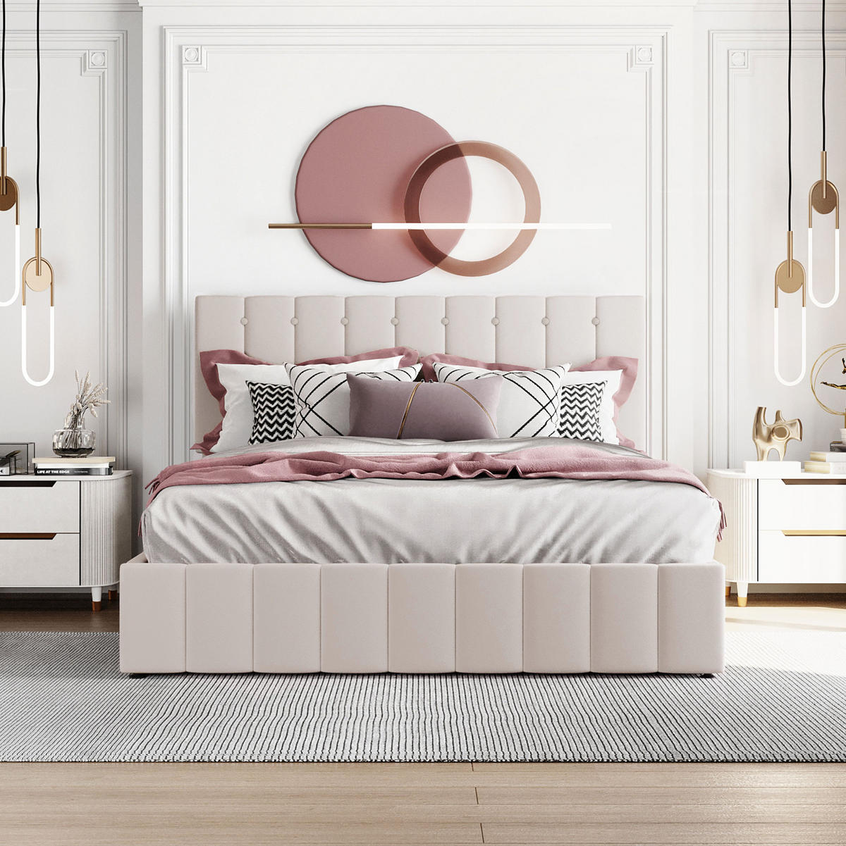 SAMT-POLSTERBETT 140/200 cm mit Bettkasten und höhenverstellbarem Kopfteil - Creme, Textil (140/200cm) - BEAOK