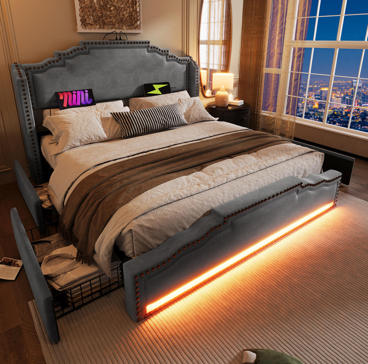 POLSTERBETT 160/200 cm Grau aus Samt mit LED und Schubladen - Grau, Textil (160/200cm) - OKMYHOME